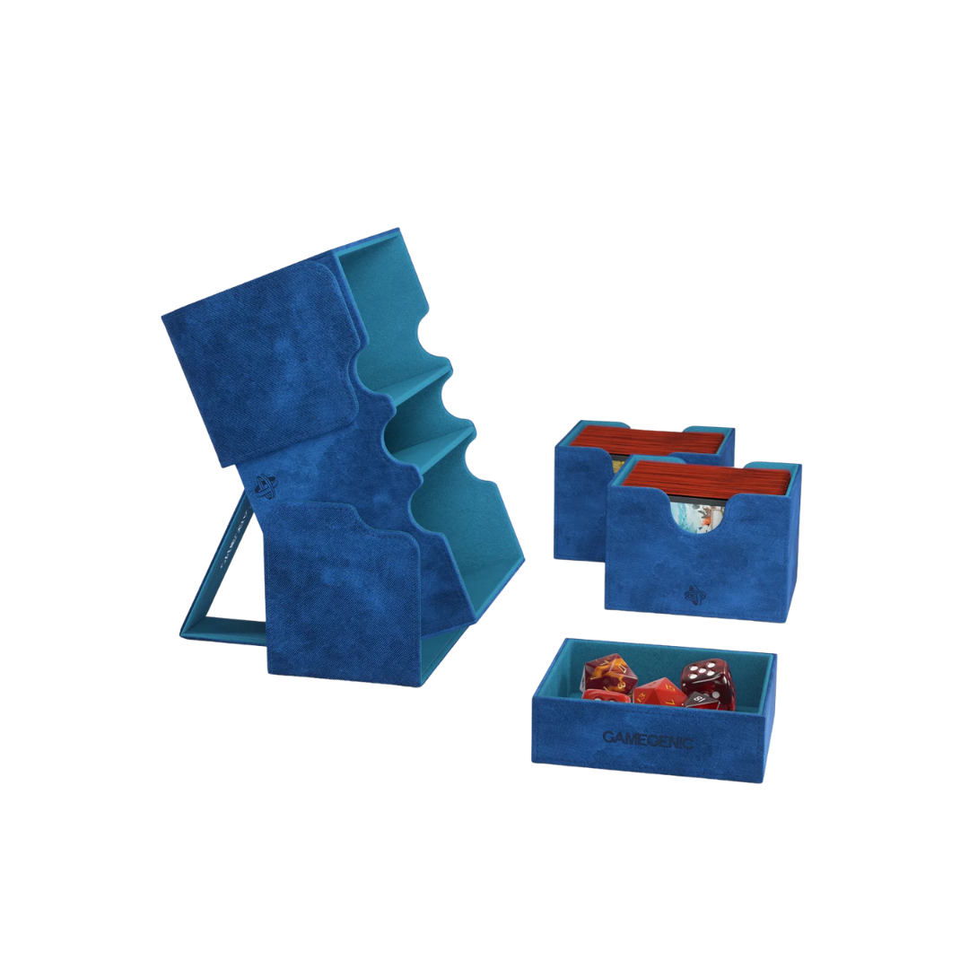 Gamegenic Stronghold Convertible XL deck box in blue, holds 200+ double-sleeved cards, premium TCG storage with secure magnetic lid, durable and stylish.