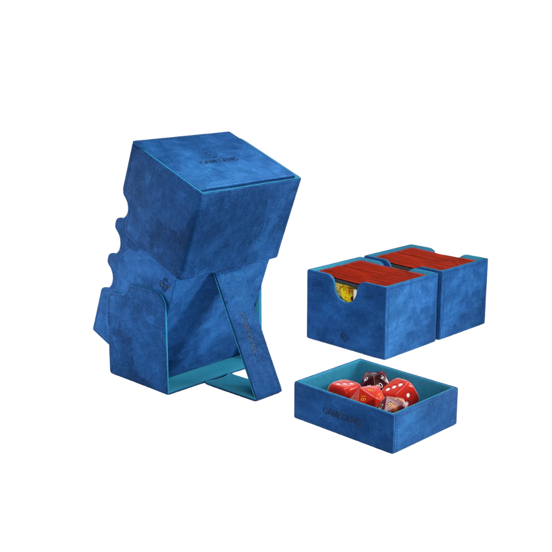 Gamegenic Stronghold Convertible XL deck box in blue, holds 200+ double-sleeved cards, premium TCG storage with secure magnetic lid, durable and stylish.