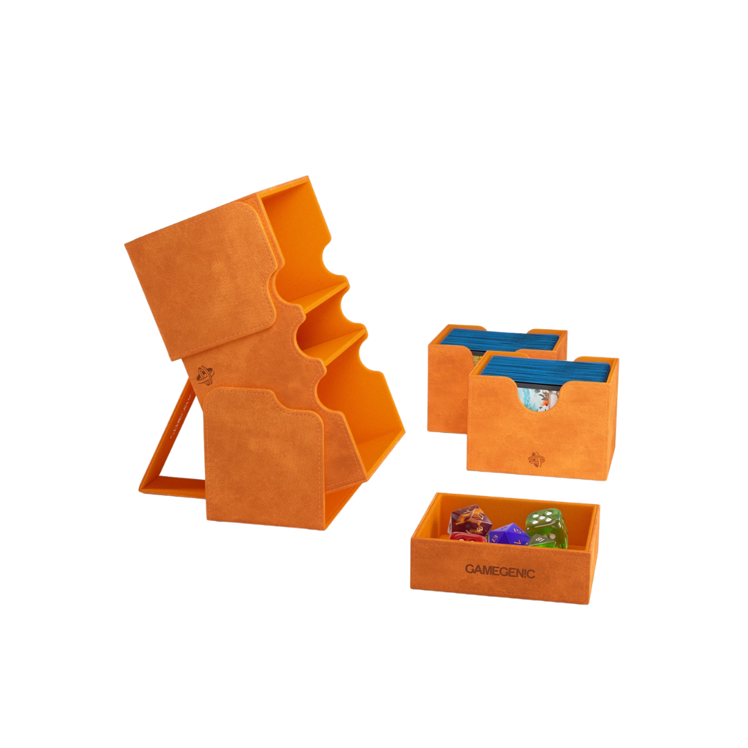 Gamegenic Stronghold Convertible XL Orange deck box for 200+ double-sleeved cards, premium TCG storage with magnetic closure and durable XenoSkin.