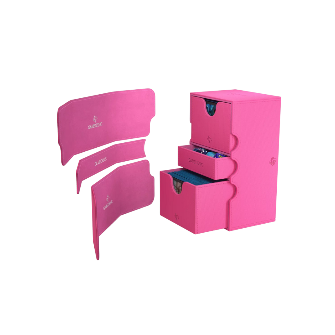 Gamegenic Stronghold Convertible XL Pink deck box, holds 200+ double-sleeved TCG cards, premium storage with microfiber lining, magnetic closure, and convertible lid.