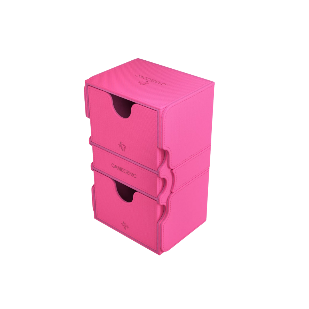 Gamegenic Stronghold Convertible XL Pink deck box, holds 200+ double-sleeved TCG cards, premium storage with microfiber lining, magnetic closure, and convertible lid.