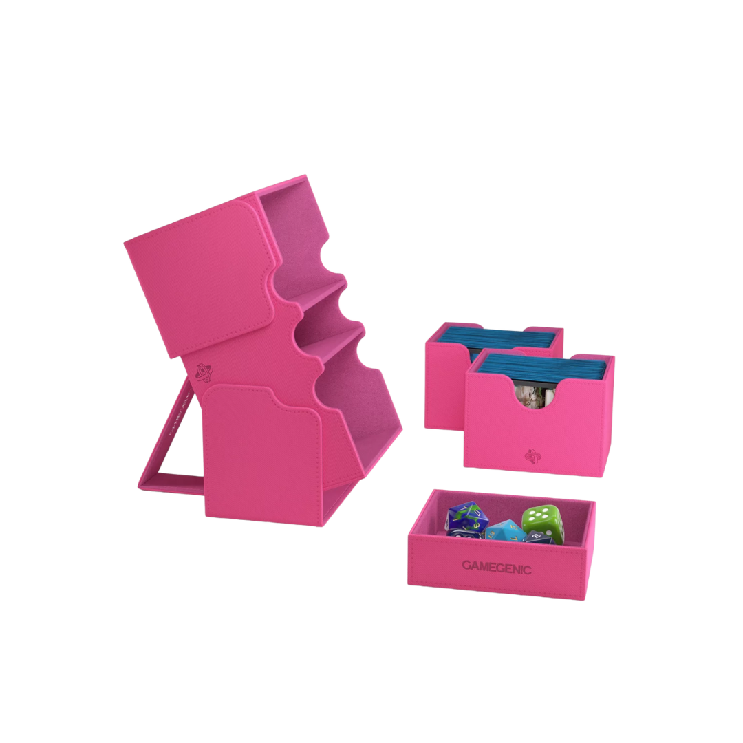 Gamegenic Stronghold Convertible XL Pink deck box, holds 200+ double-sleeved TCG cards, premium storage with microfiber lining, magnetic closure, and convertible lid.