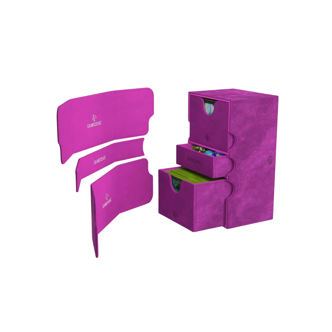 Gamegenic Stronghold Convertible XL deck box in purple, holds 200+ double-sleeved cards, premium TCG storage solution with a secure, durable design.