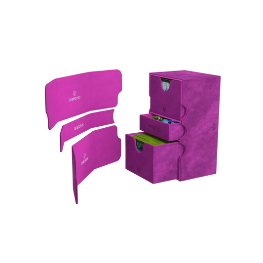 Gamegenic Stronghold Convertible XL deck box in purple, holds 200+ double-sleeved cards, premium TCG storage solution with a secure, durable design.