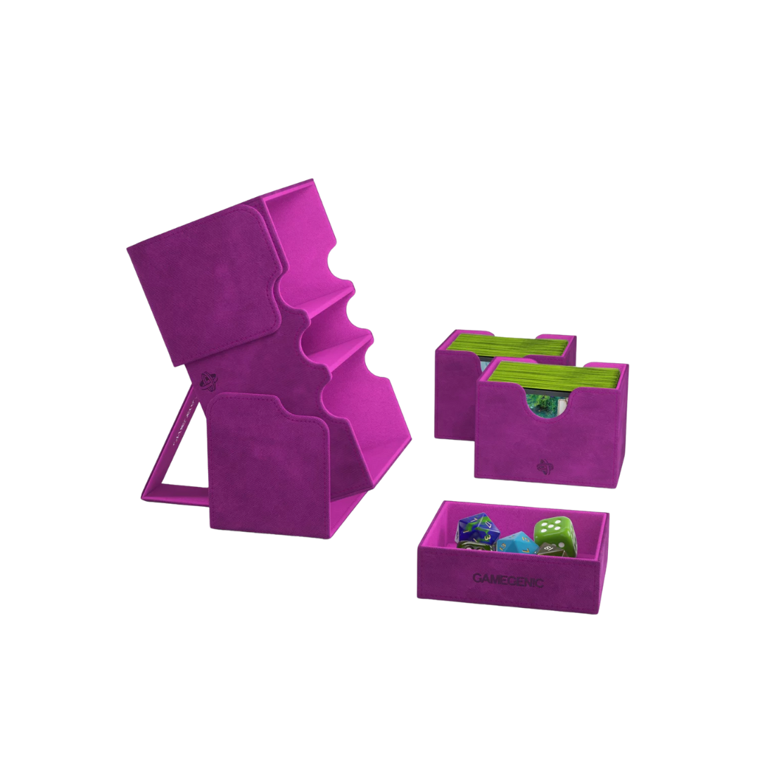 Gamegenic Stronghold Convertible XL deck box in purple, holds 200+ double-sleeved cards, premium TCG storage solution with a secure, durable design.