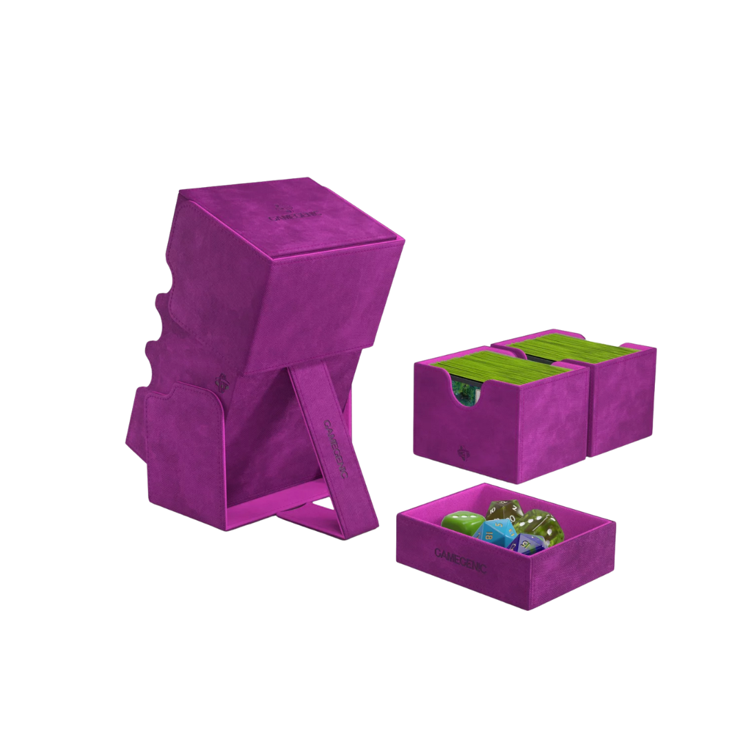 Gamegenic Stronghold Convertible XL deck box in purple, holds 200+ double-sleeved cards, premium TCG storage solution with a secure, durable design.