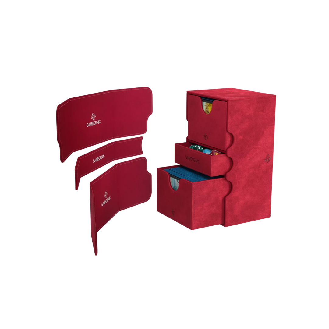 Gamegenic Stronghold Convertible XL Red deck box, holds 200+ double-sleeved TCG cards, premium storage with microfiber lining, magnetic closure, and convertible lid.