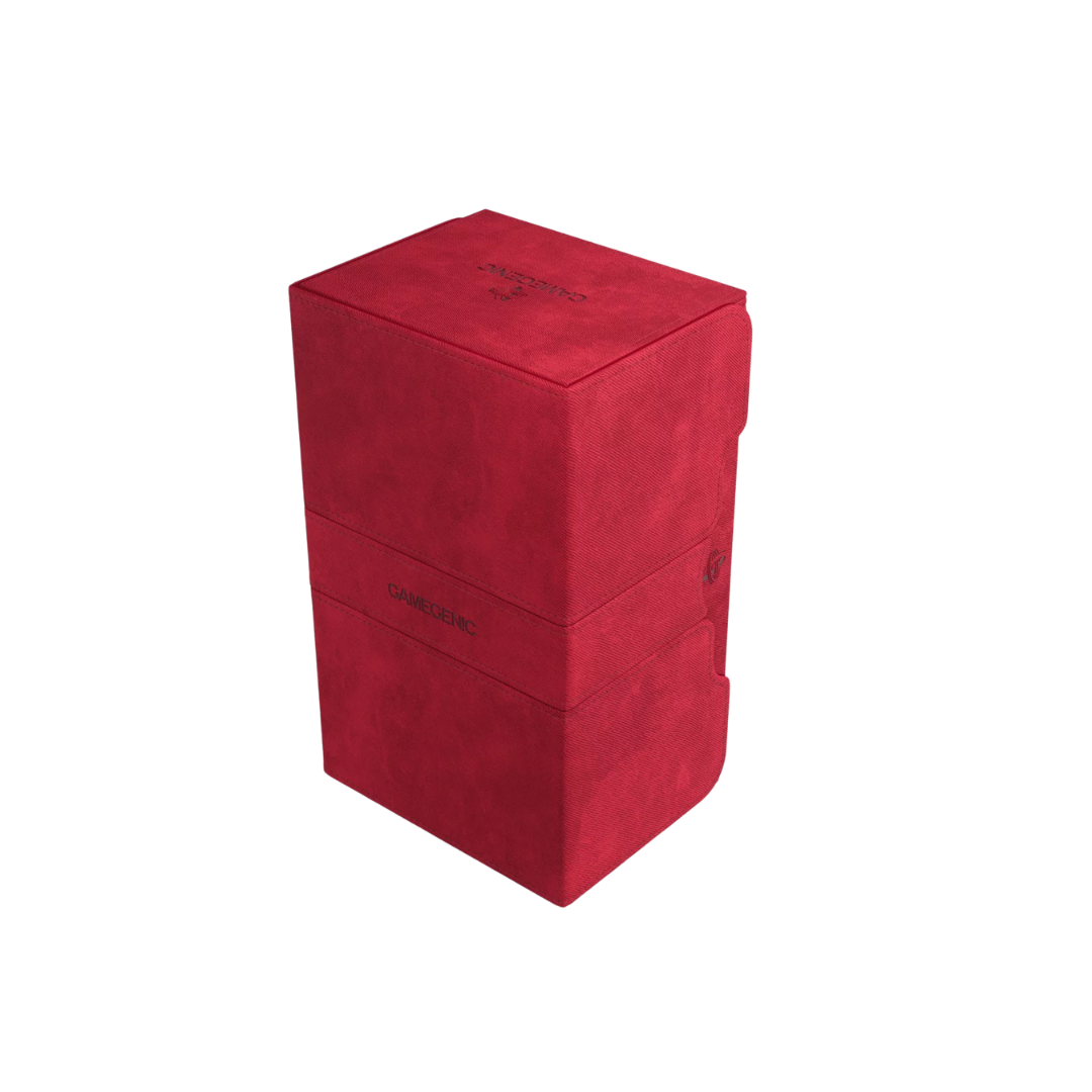 Gamegenic Stronghold Convertible XL Red deck box, holds 200+ double-sleeved TCG cards, premium storage with microfiber lining, magnetic closure, and convertible lid.