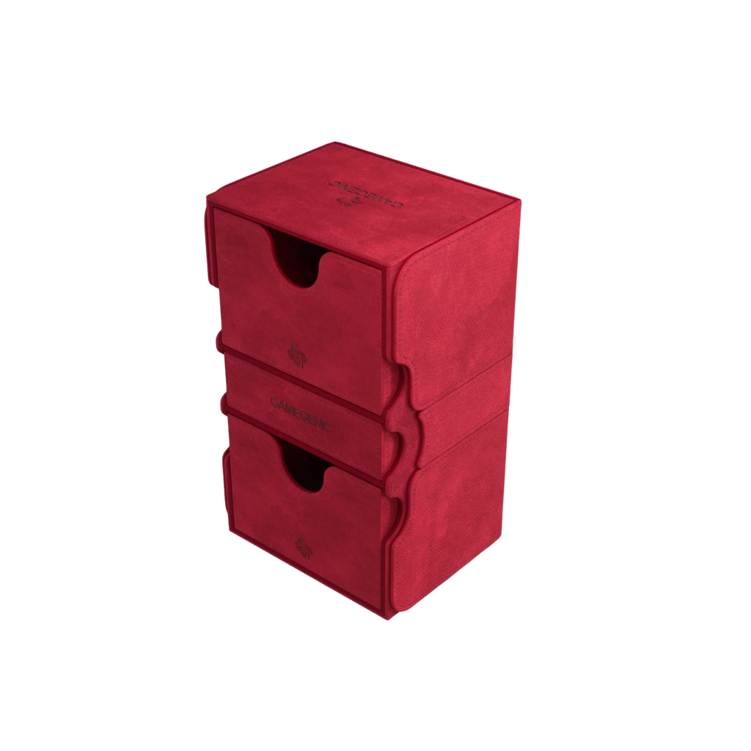 Gamegenic Stronghold Convertible XL Red deck box, holds 200+ double-sleeved TCG cards, premium storage with microfiber lining, magnetic closure, and convertible lid.