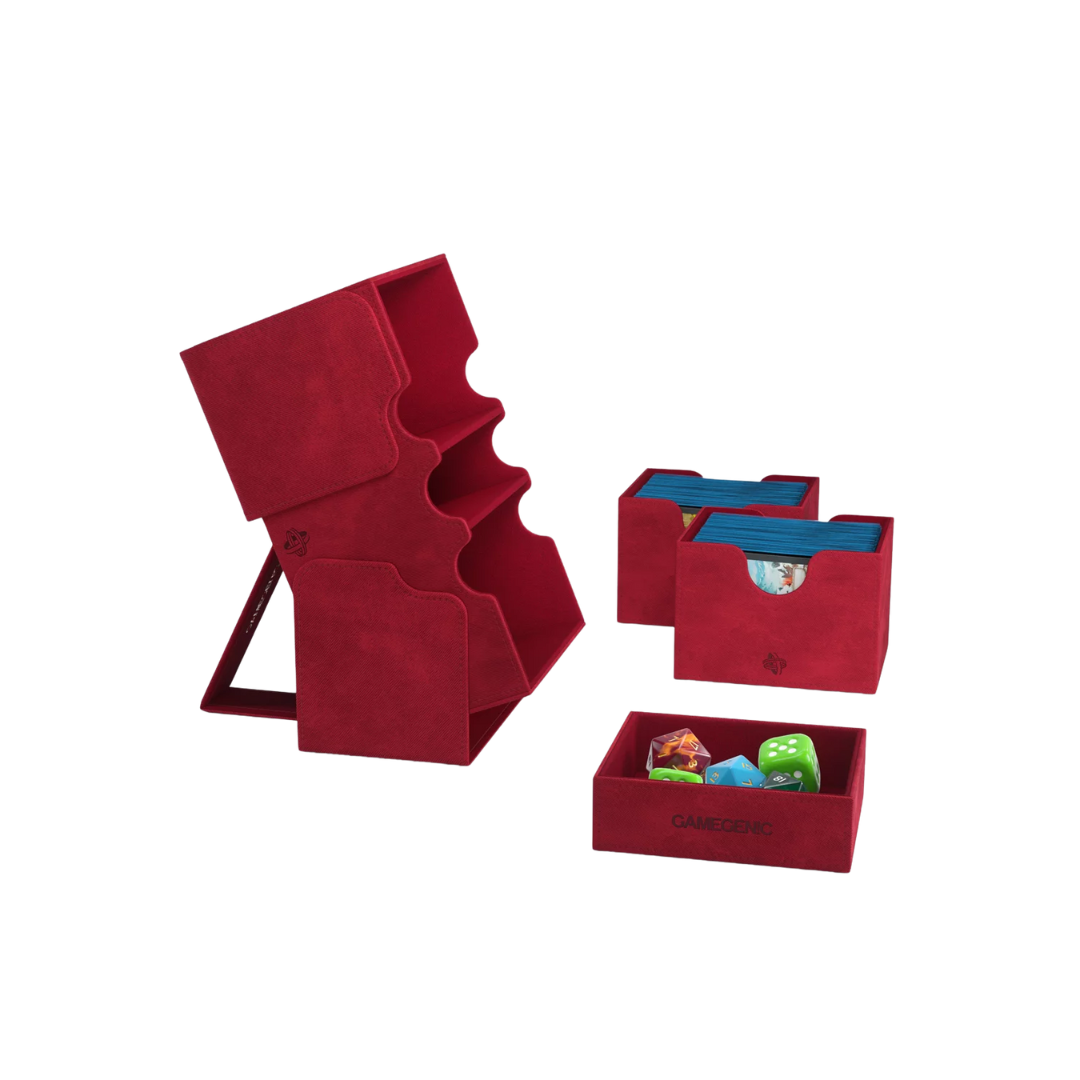 Gamegenic Stronghold Convertible XL Red deck box, holds 200+ double-sleeved TCG cards, premium storage with microfiber lining, magnetic closure, and convertible lid.