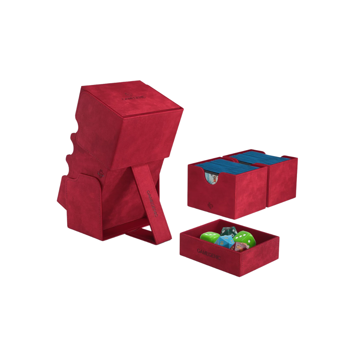 Gamegenic Stronghold Convertible XL Red deck box, holds 200+ double-sleeved TCG cards, premium storage with microfiber lining, magnetic closure, and convertible lid.