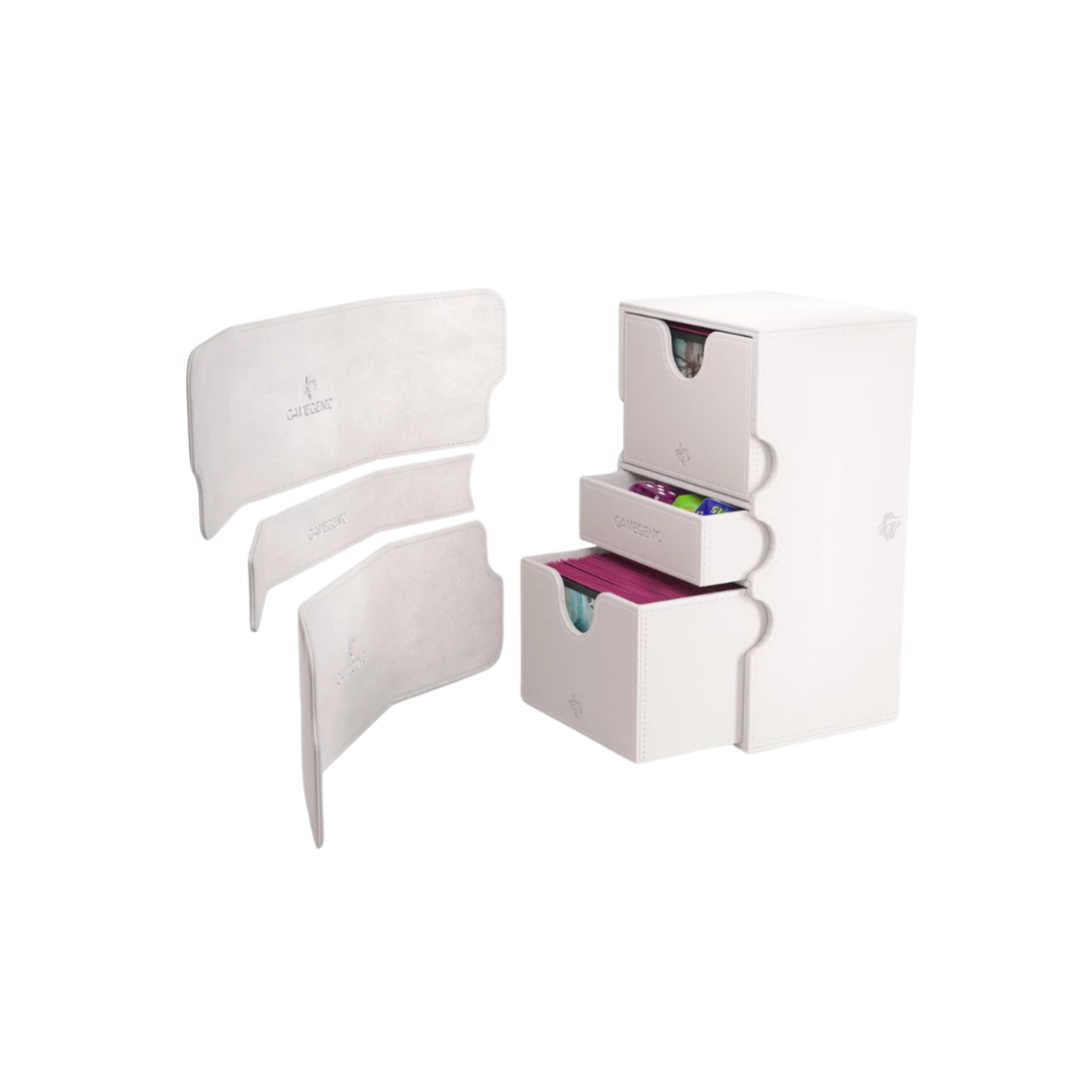 Gamegenic Stronghold Convertible XL deck box in white, holding 200+ double-sleeved cards with a secure magnetic closure and premium storage design.