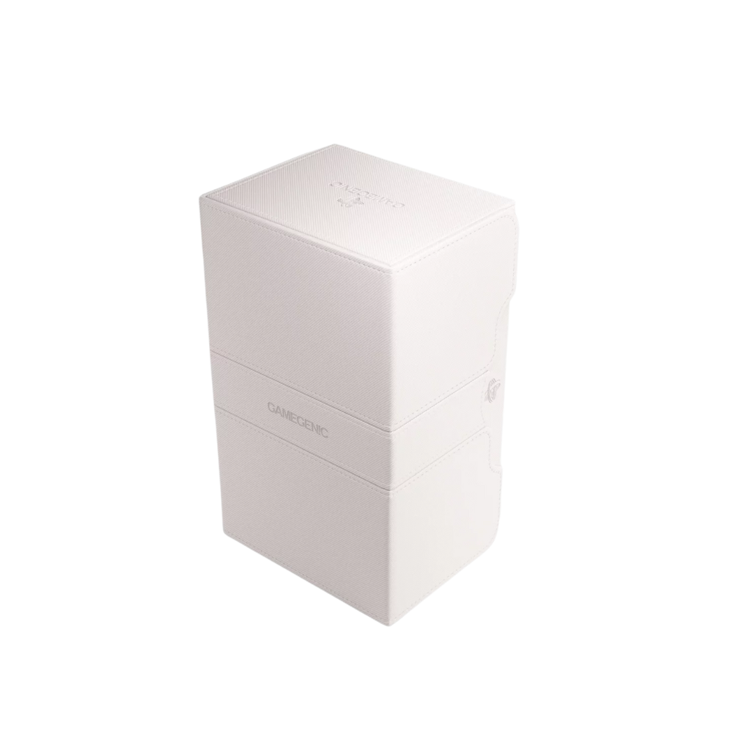 Gamegenic Stronghold Convertible XL deck box in white, holding 200+ double-sleeved cards with a secure magnetic closure and premium storage design.