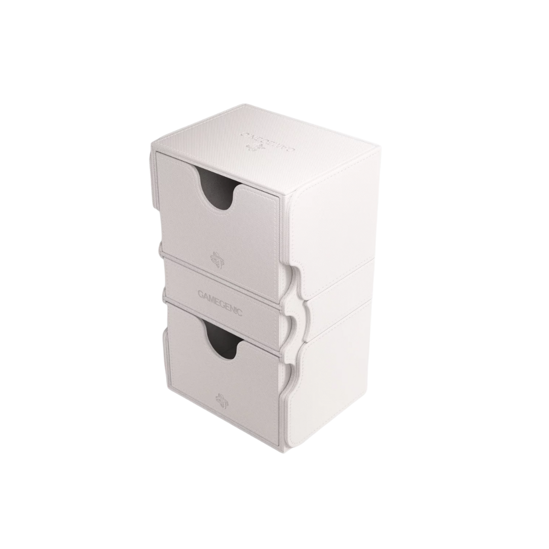 Gamegenic Stronghold Convertible XL deck box in white, holding 200+ double-sleeved cards with a secure magnetic closure and premium storage design.