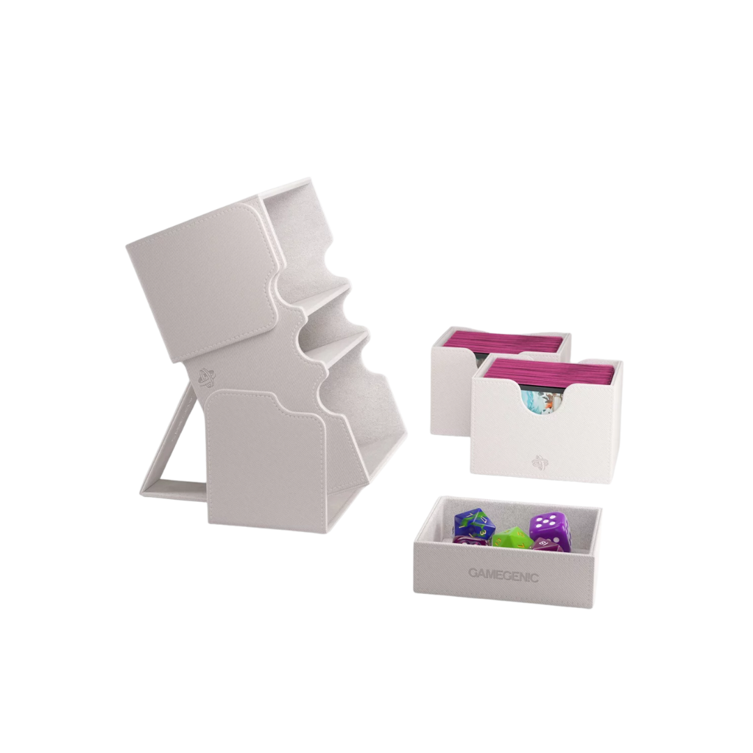 Gamegenic Stronghold Convertible XL deck box in white, holding 200+ double-sleeved cards with a secure magnetic closure and premium storage design.