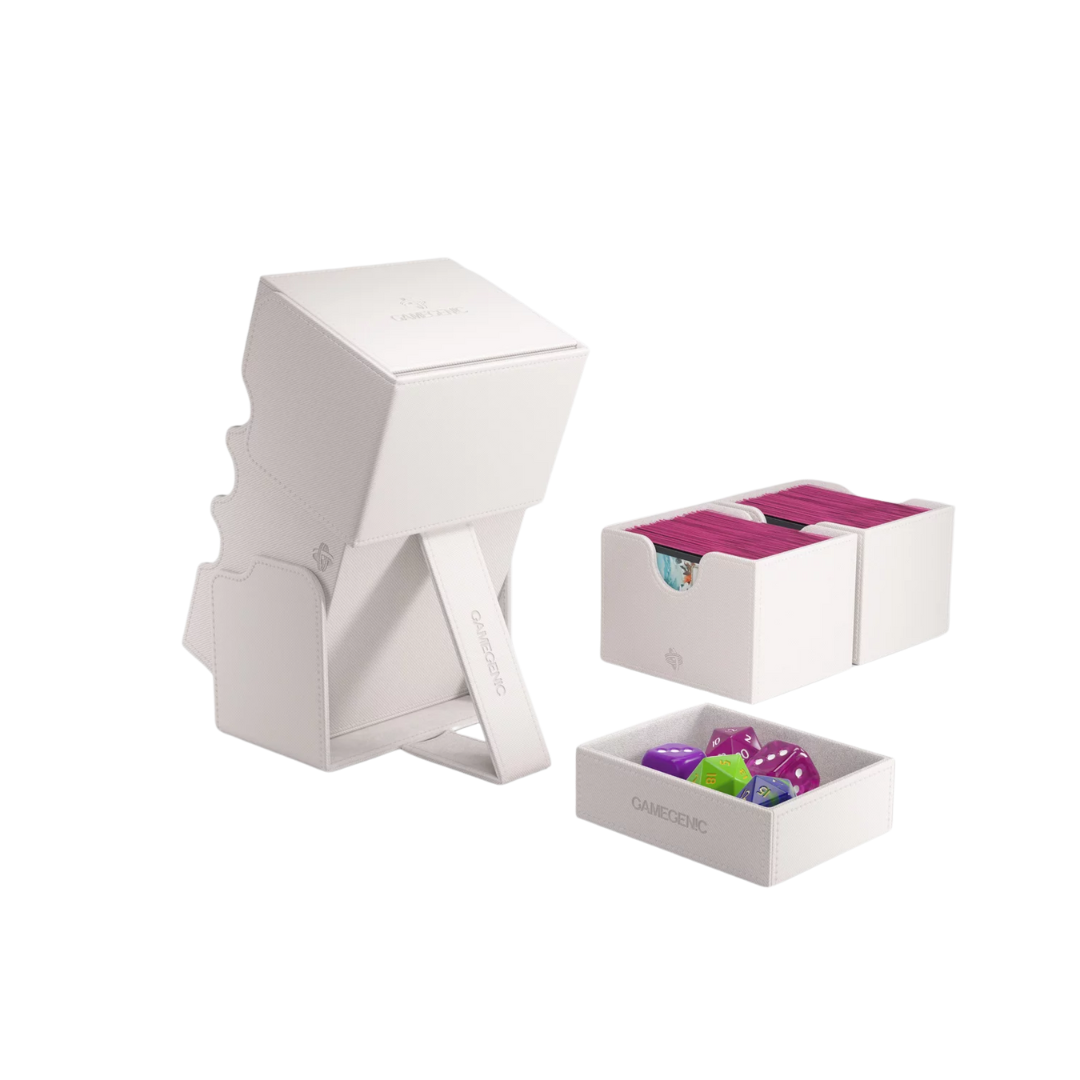 Gamegenic Stronghold Convertible XL deck box in white, holding 200+ double-sleeved cards with a secure magnetic closure and premium storage design.