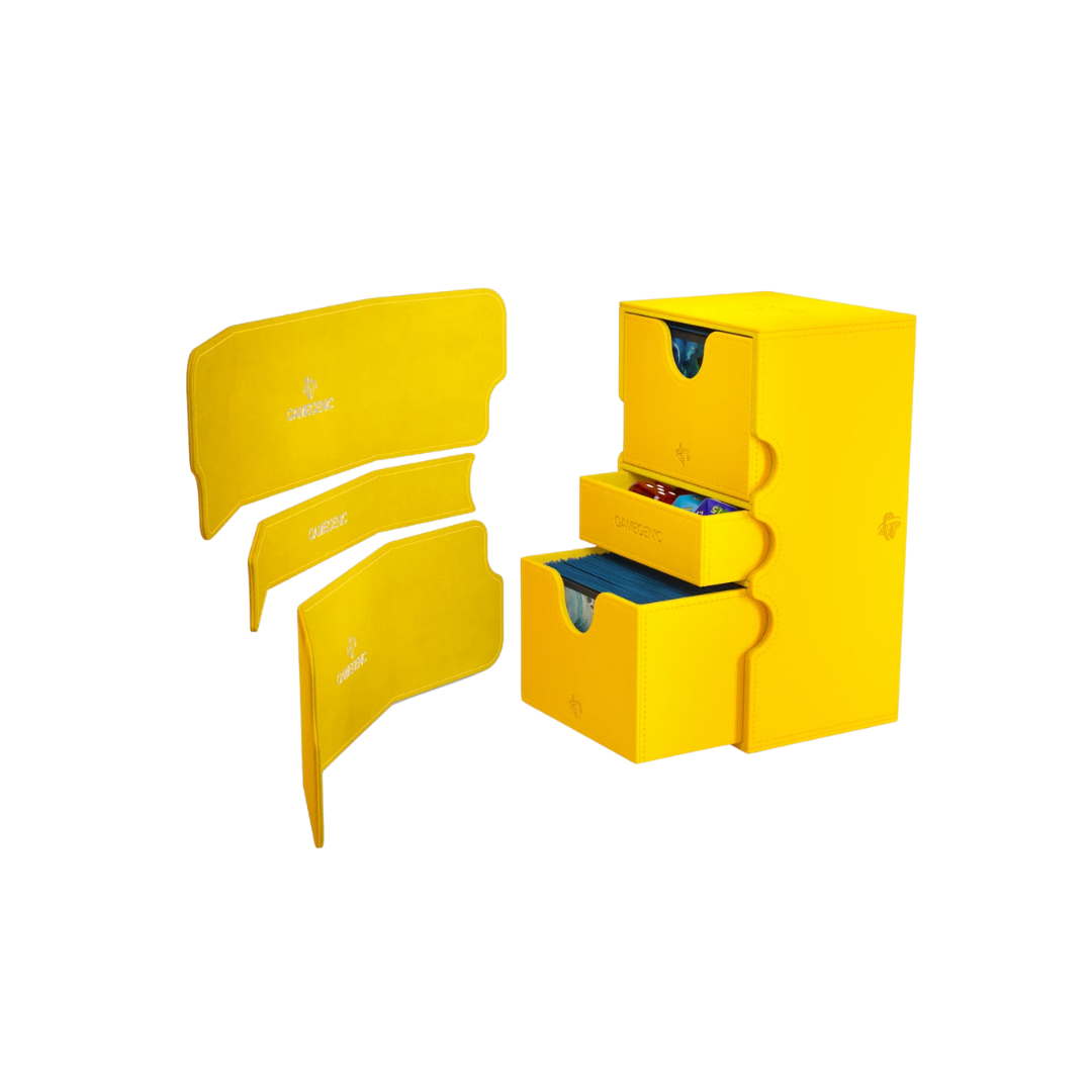 Gamegenic Stronghold Convertible XL deck box in yellow, large TCG storage for 200+ double-sleeved cards, modular design with secure magnetic closure.