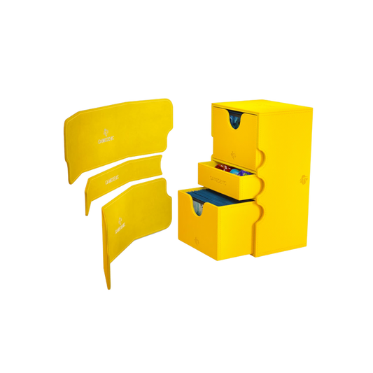 Gamegenic Stronghold Convertible XL deck box in yellow, large TCG storage for 200+ double-sleeved cards, modular design with secure magnetic closure.