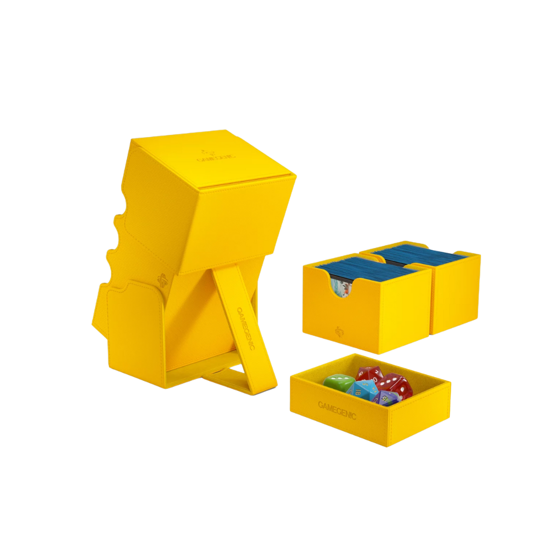 Gamegenic Stronghold Convertible XL deck box in yellow, large TCG storage for 200+ double-sleeved cards, modular design with secure magnetic closure.