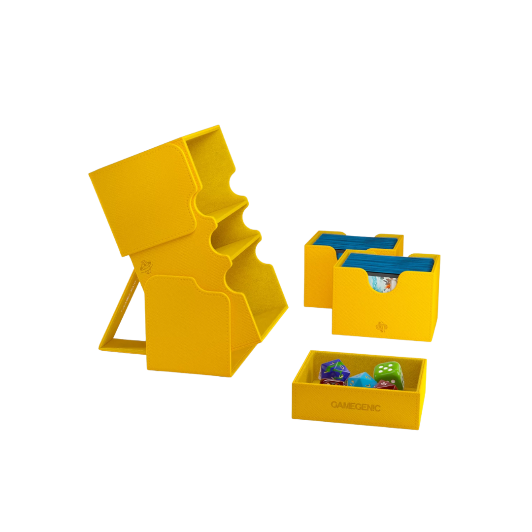 Gamegenic Stronghold Convertible XL deck box in yellow, large TCG storage for 200+ double-sleeved cards, modular design with secure magnetic closure.
