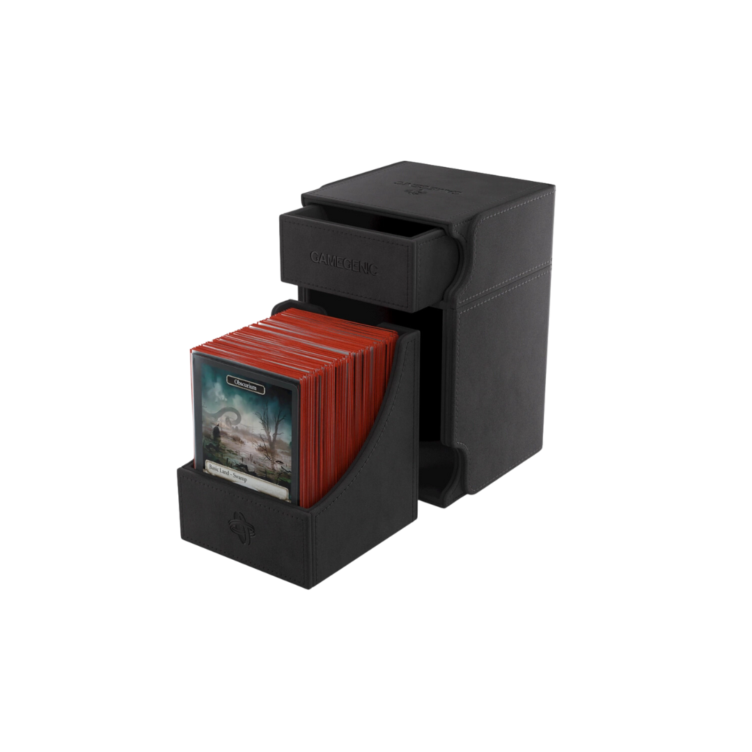 Gamegenic Watchtower Convertible XL - Black deck box with Nexofyber exterior, removable tray, and space for 100+ double-sleeved cards.