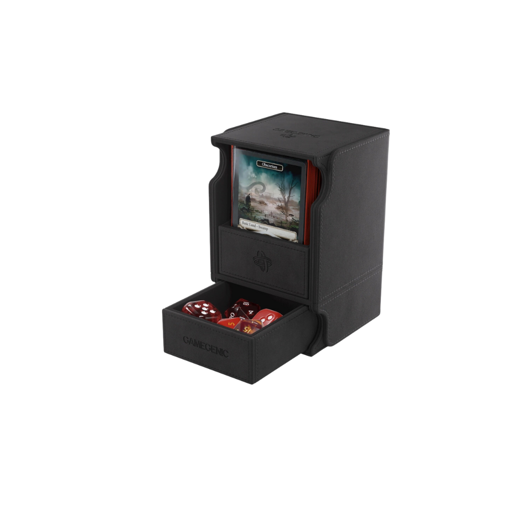 Gamegenic Watchtower Convertible XL - Black deck box with Nexofyber exterior, removable tray, and space for 100+ double-sleeved cards.