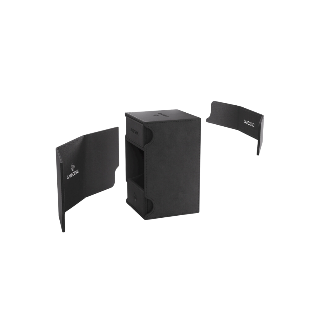 Gamegenic Watchtower Convertible XL - Black deck box with Nexofyber exterior, removable tray, and space for 100+ double-sleeved cards.