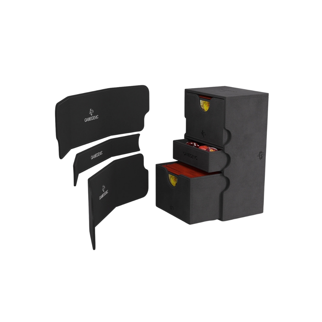 Gamegenic Stronghold Convertible XL - Black deck box with Nexofyber exterior, holding 200+ double-sleeved cards, featuring a secure magnetic closure.