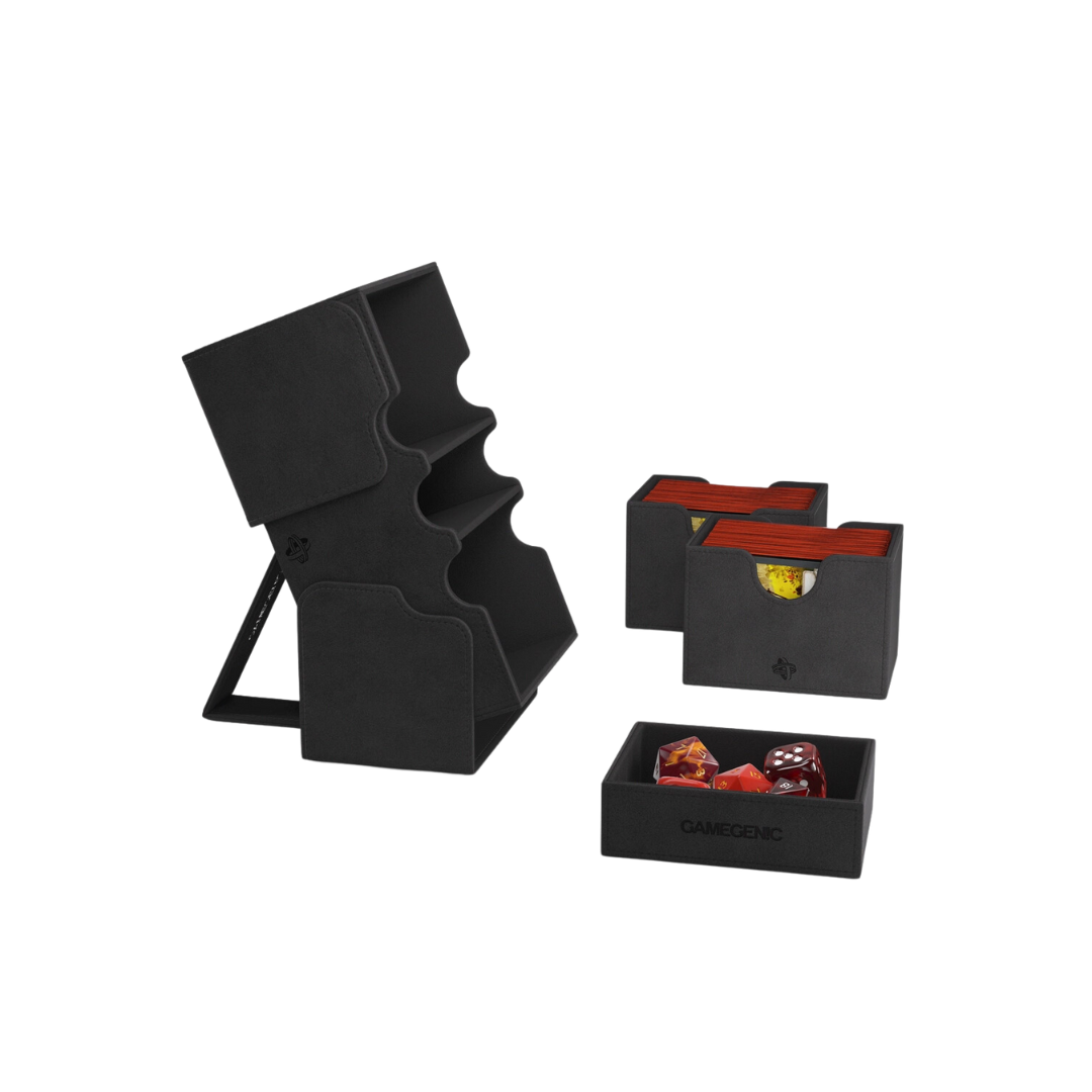 Gamegenic Stronghold Convertible XL - Black deck box with Nexofyber exterior, holding 200+ double-sleeved cards, featuring a secure magnetic closure.