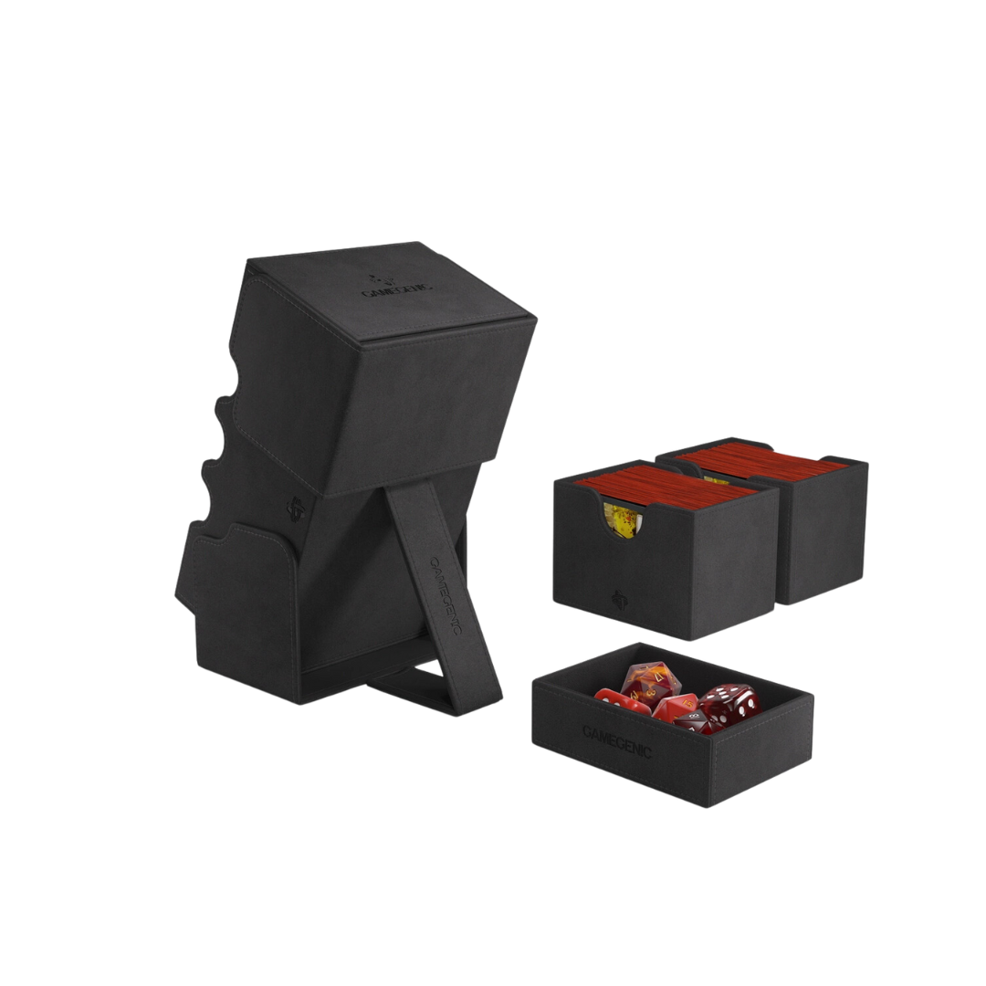 Gamegenic Stronghold Convertible XL - Black deck box with Nexofyber exterior, holding 200+ double-sleeved cards, featuring a secure magnetic closure.