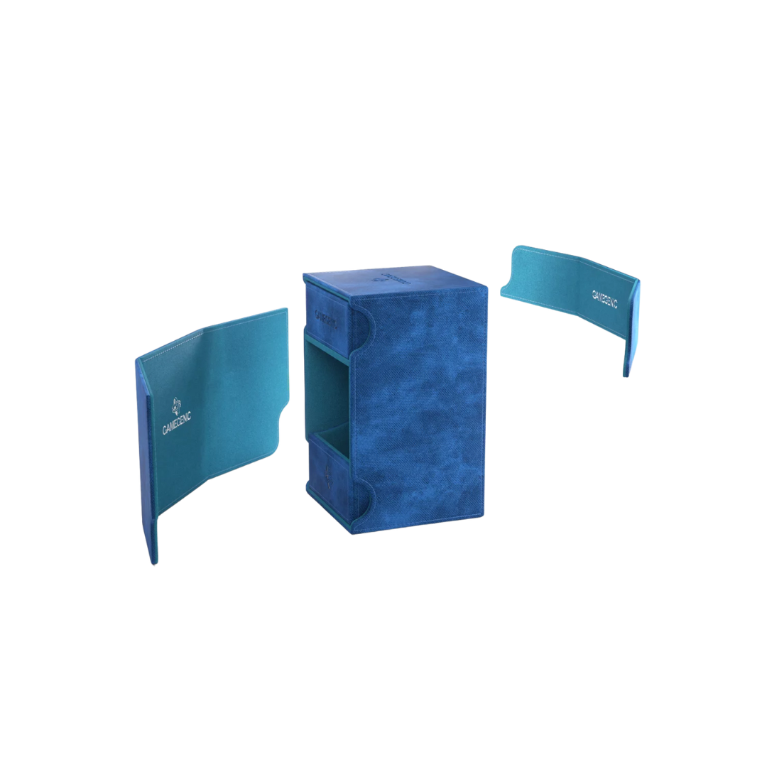 Gamegenic Watchtower Convertible XL deck box in blue, holds 100+ double-sleeved cards, premium TCG storage with dice and accessory tray, magnetic closure.