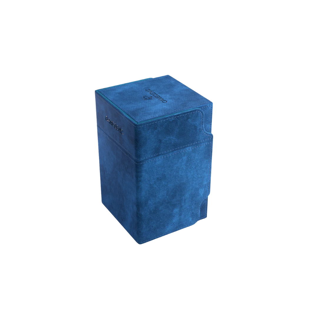 Gamegenic Watchtower Convertible XL deck box in blue, holds 100+ double-sleeved cards, premium TCG storage with dice and accessory tray, magnetic closure.