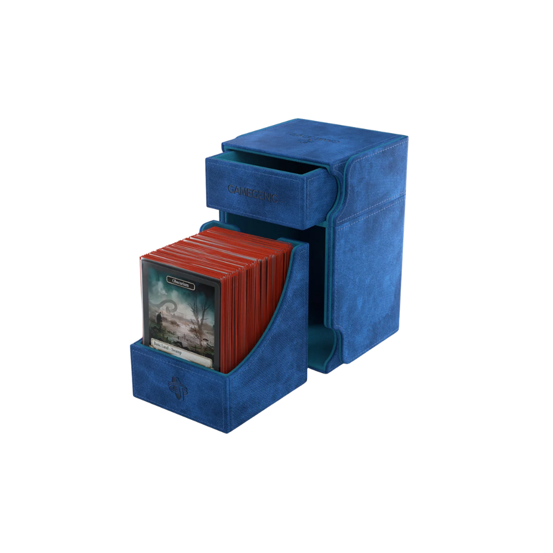 Gamegenic Watchtower Convertible XL deck box in blue, holds 100+ double-sleeved cards, premium TCG storage with dice and accessory tray, magnetic closure.
