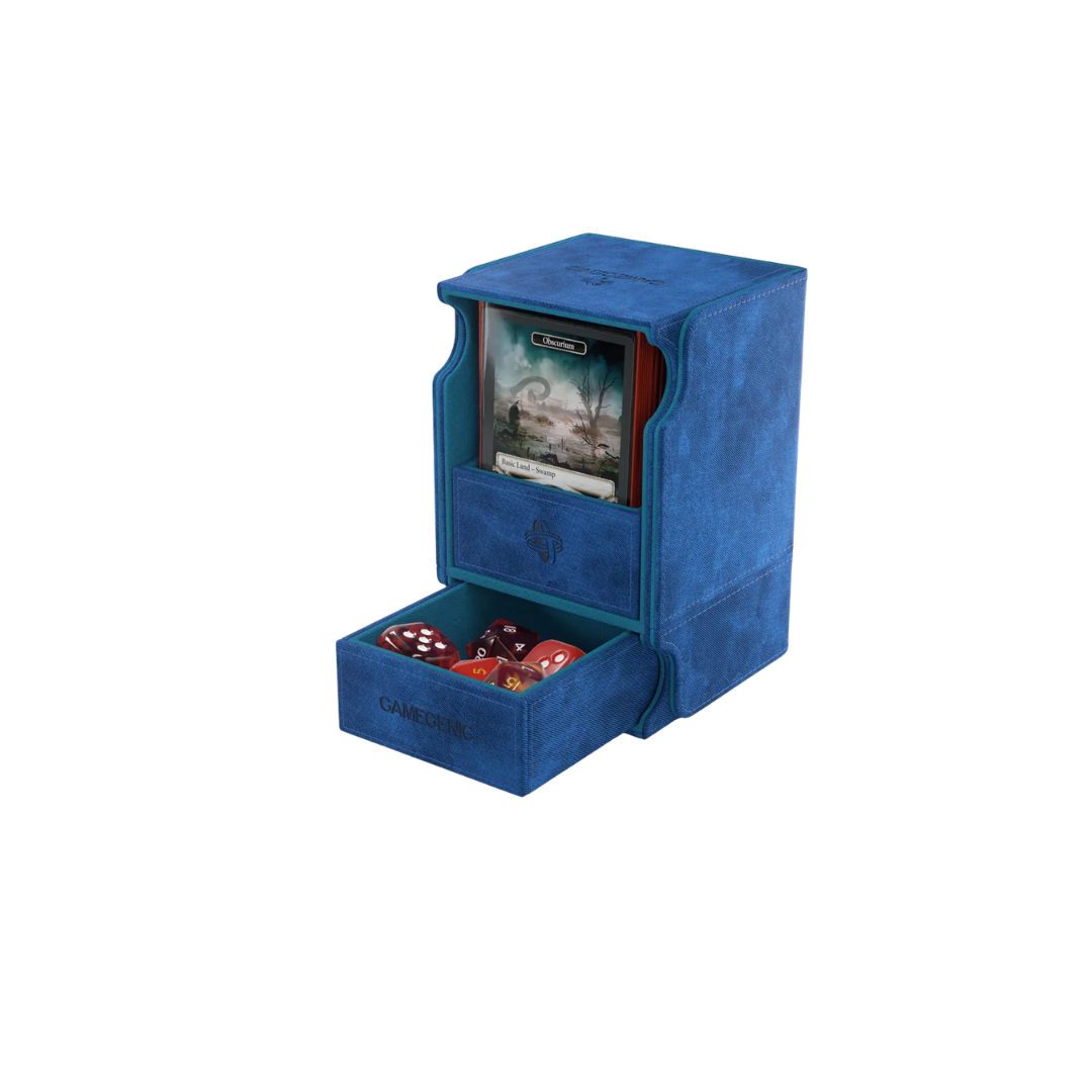 Gamegenic Watchtower Convertible XL deck box in blue, holds 100+ double-sleeved cards, premium TCG storage with dice and accessory tray, magnetic closure.