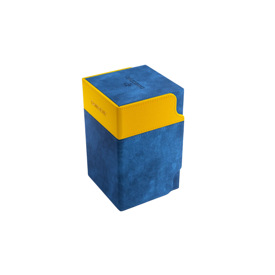 Gamegenic Watchtower Convertible XL deck box in blue, holds 100+ double-sleeved cards, premium TCG storage with dice and accessory tray, magnetic closure.