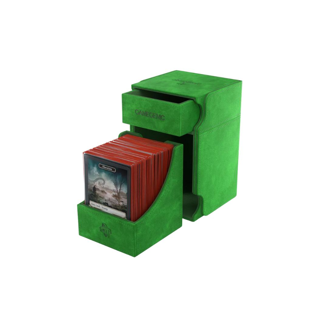 Gamegenic Watchtower Convertible XL Green deck box, holds 100+ double-sleeved TCG cards, premium storage with accessory drawer, microfiber lining, and magnetic closure.