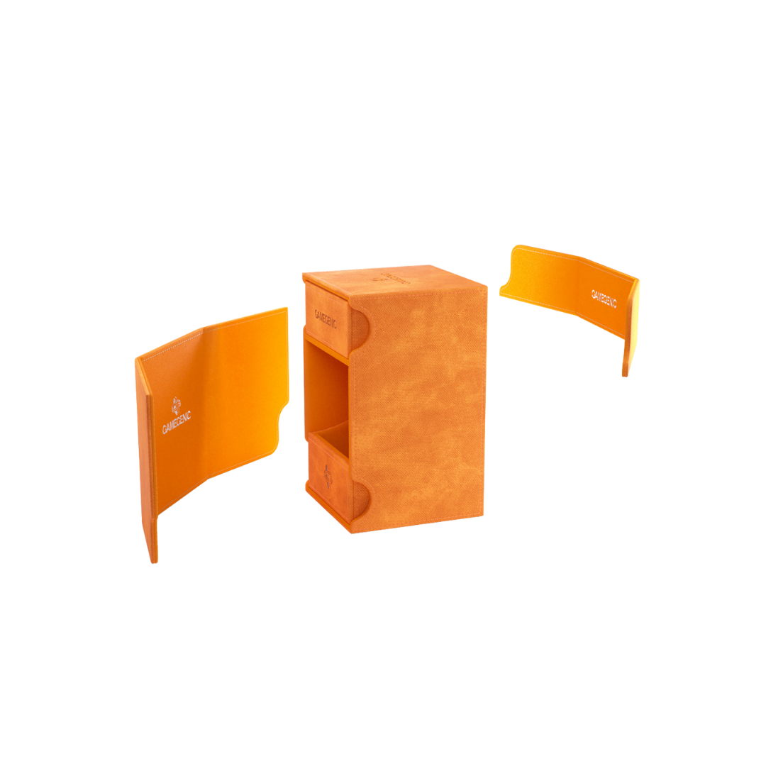 Gamegenic Watchtower Convertible XL Orange deck box for 100+ double-sleeved cards, premium TCG storage with magnetic closure and removable tray.