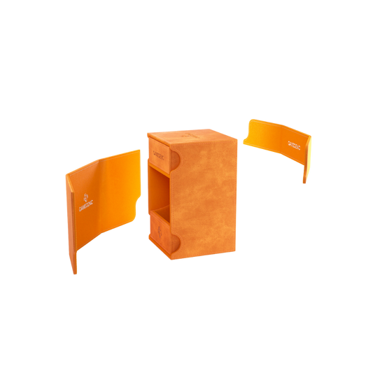 Gamegenic Watchtower Convertible XL Orange deck box for 100+ double-sleeved cards, premium TCG storage with magnetic closure and removable tray.