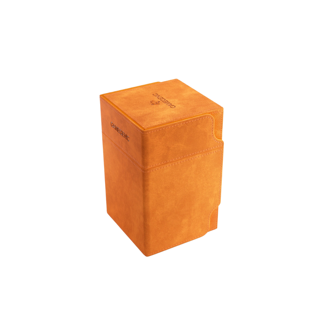 Gamegenic Watchtower Convertible XL Orange deck box for 100+ double-sleeved cards, premium TCG storage with magnetic closure and removable tray.