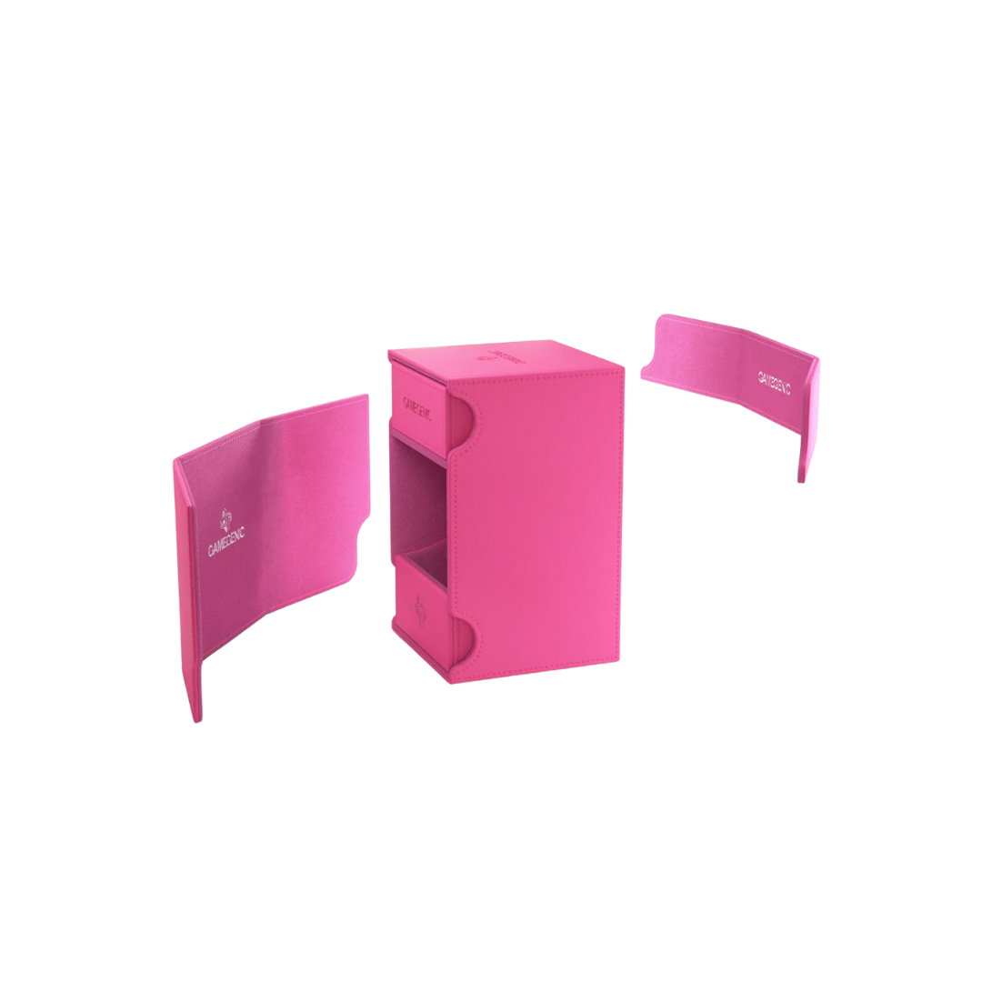 Gamegenic Watchtower Convertible XL Pink deck box, holds 100+ double-sleeved TCG cards, premium storage with accessory drawer, microfiber lining, and magnetic closure.