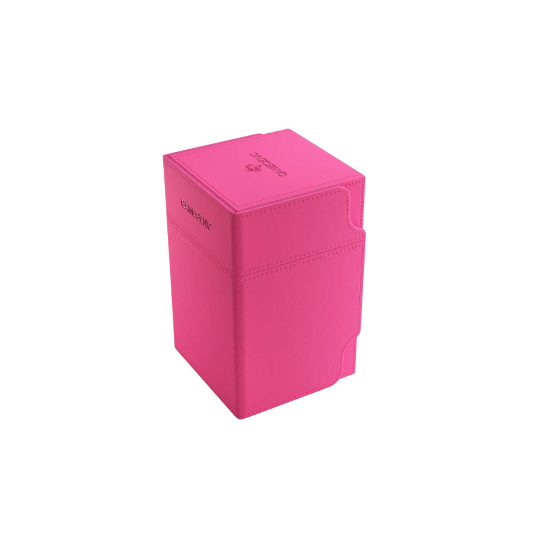 Gamegenic Watchtower Convertible XL Pink deck box, holds 100+ double-sleeved TCG cards, premium storage with accessory drawer, microfiber lining, and magnetic closure.