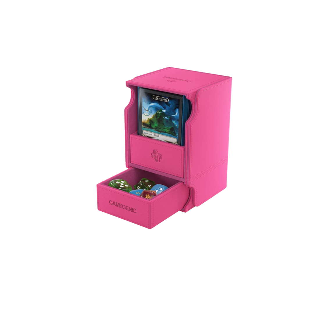 Gamegenic Watchtower Convertible XL Pink deck box, holds 100+ double-sleeved TCG cards, premium storage with accessory drawer, microfiber lining, and magnetic closure.