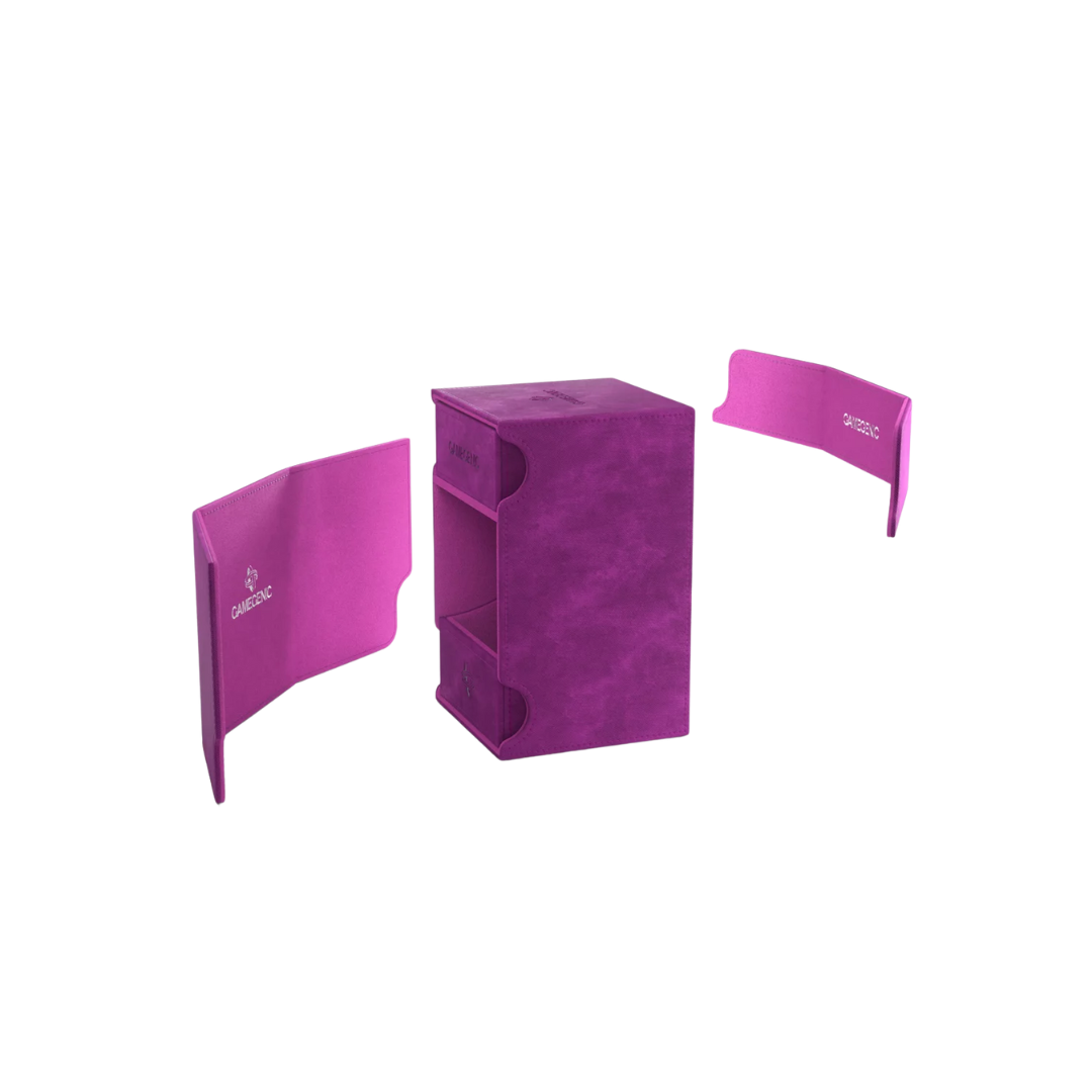 Gamegenic Watchtower Convertible XL deck box in purple, holds 100+ double-sleeved cards, includes dice tray and storage, premium TCG and board game accessory.