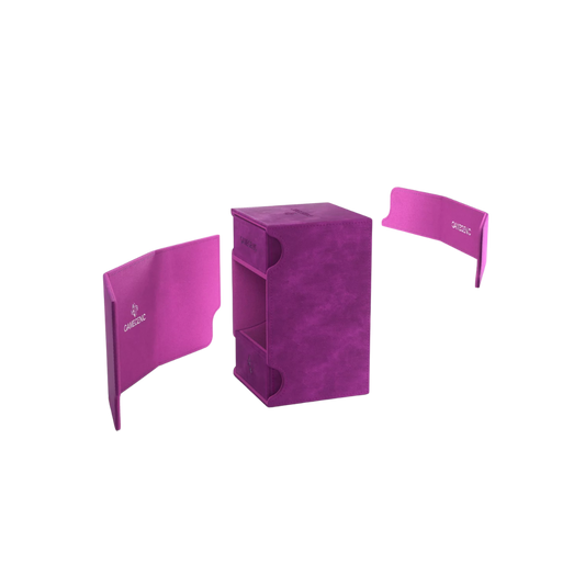 Gamegenic Watchtower Convertible XL deck box in purple, holds 100+ double-sleeved cards, includes dice tray and storage, premium TCG and board game accessory.