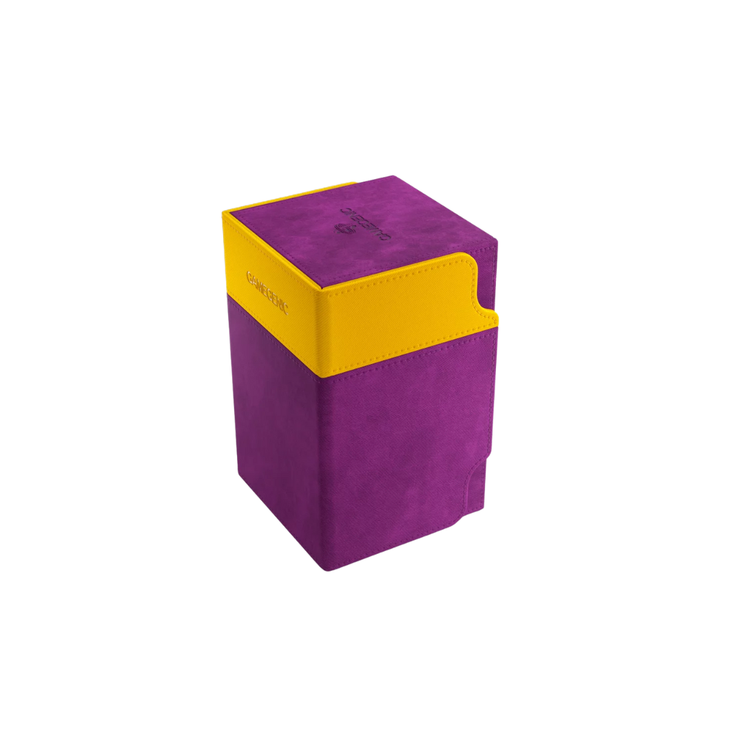 Gamegenic Watchtower Convertible XL deck box in purple, holds 100+ double-sleeved cards, includes dice tray and storage, premium TCG and board game accessory.