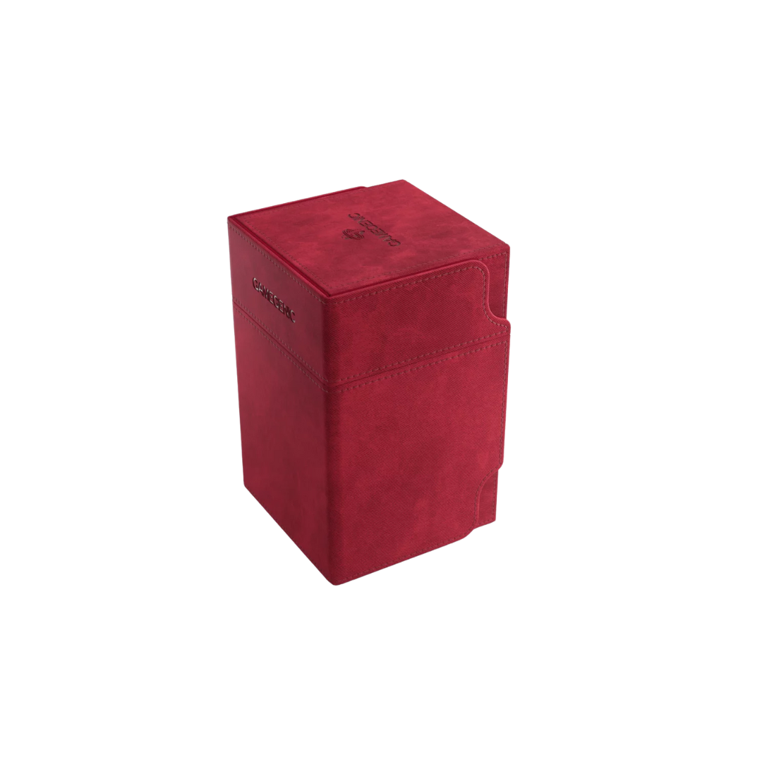 Gamegenic Watchtower Convertible XL Red deck box, holds 100+ double-sleeved TCG cards, premium storage with accessory drawer, microfiber lining, and magnetic closure.