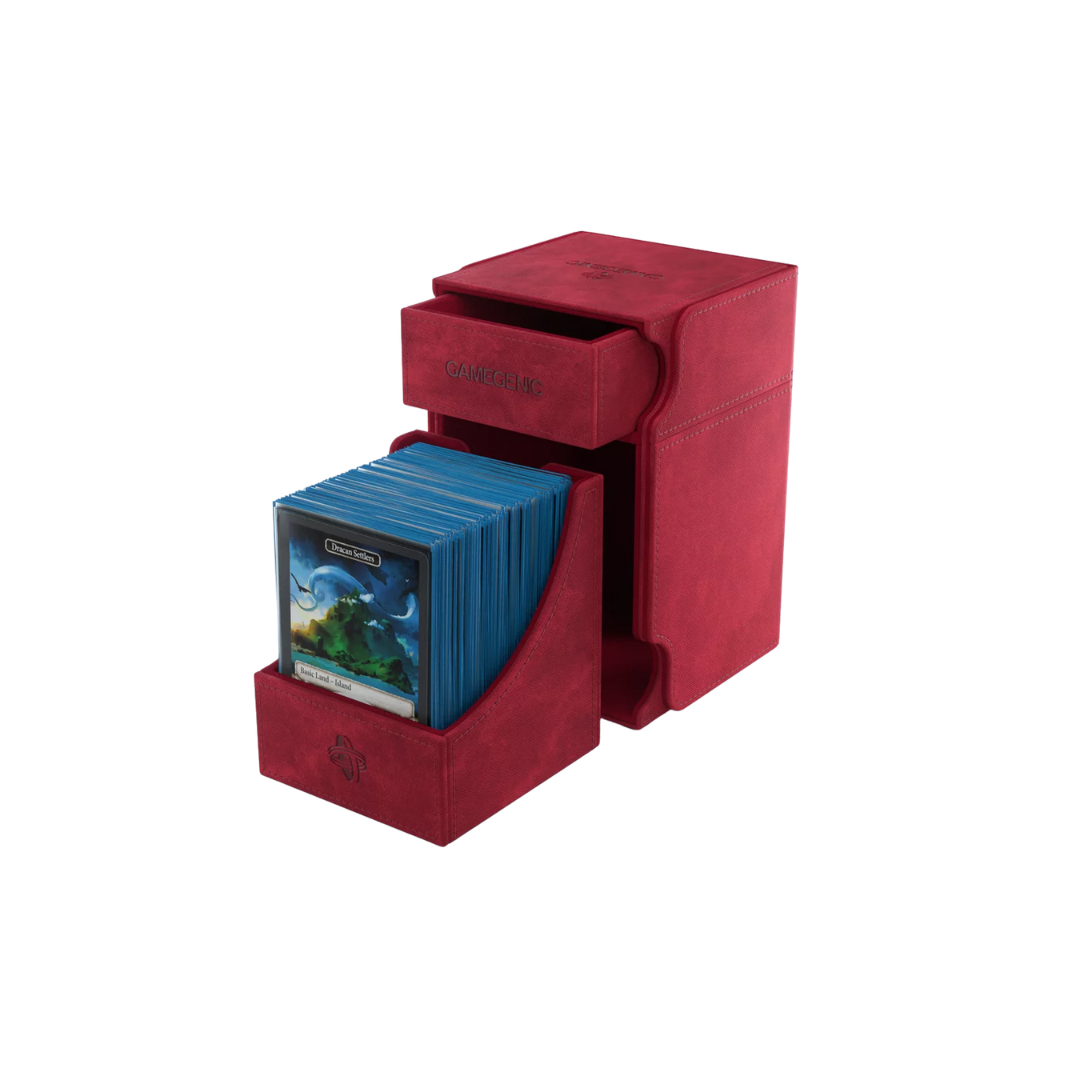 Gamegenic Watchtower Convertible XL Red deck box, holds 100+ double-sleeved TCG cards, premium storage with accessory drawer, microfiber lining, and magnetic closure.