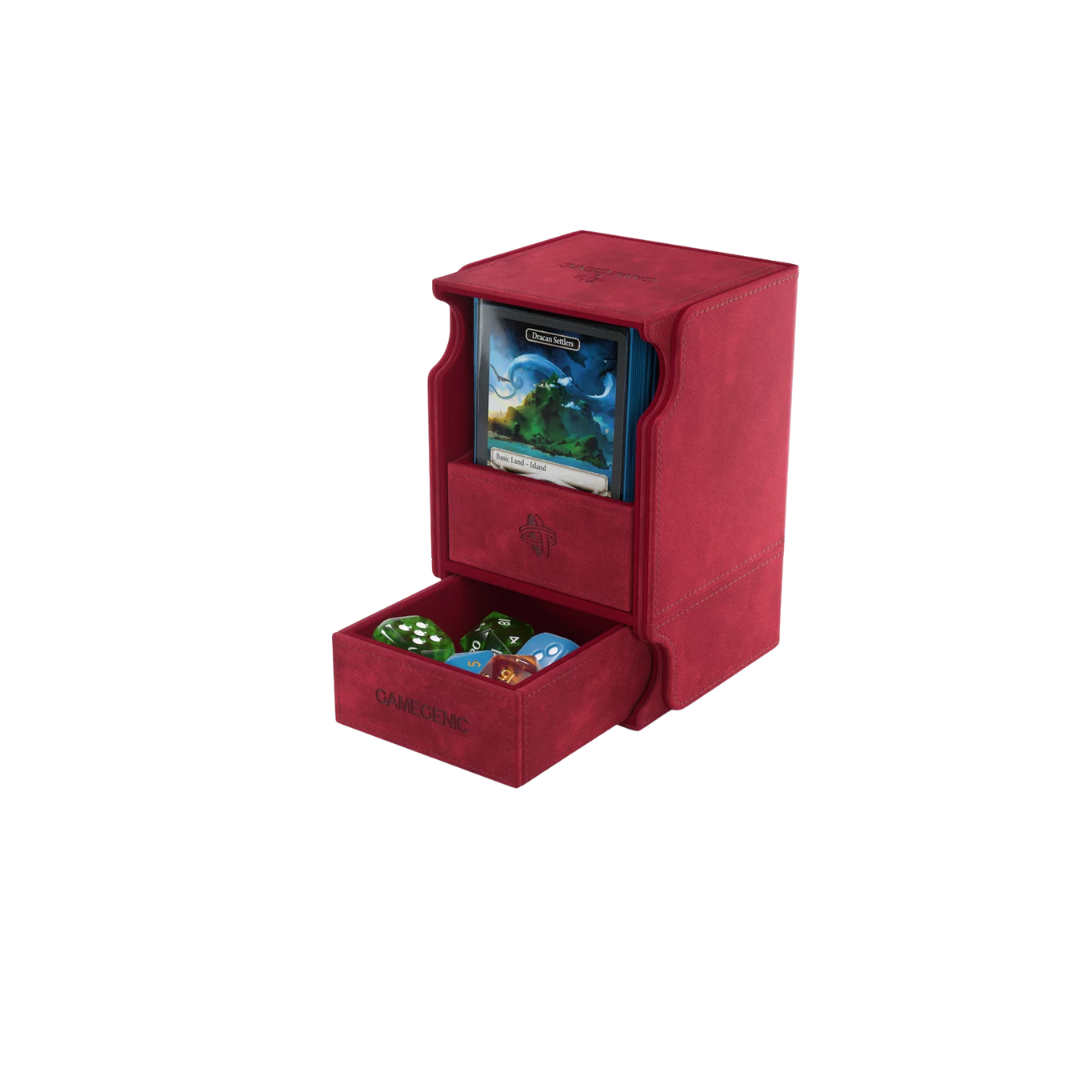 Gamegenic Watchtower Convertible XL Red deck box, holds 100+ double-sleeved TCG cards, premium storage with accessory drawer, microfiber lining, and magnetic closure.