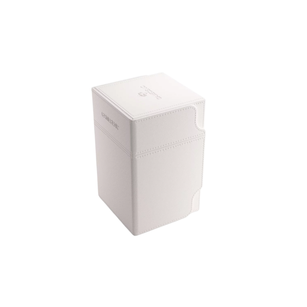 Gamegenic Watchtower Convertible XL deck box in white, holding 100+ double-sleeved cards with a magnetic closure and accessory compartment.