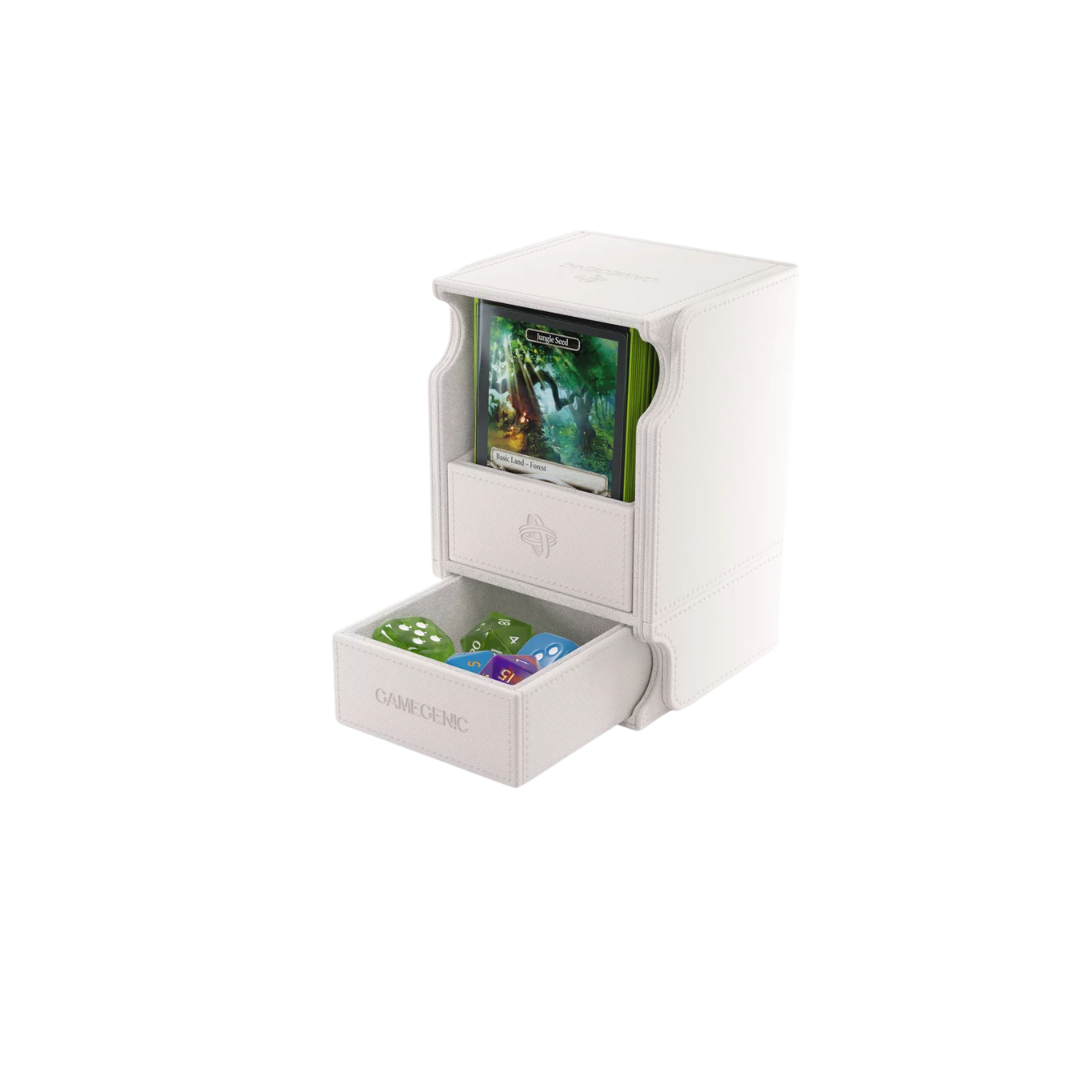 Gamegenic Watchtower Convertible XL deck box in white, holding 100+ double-sleeved cards with a magnetic closure and accessory compartment.